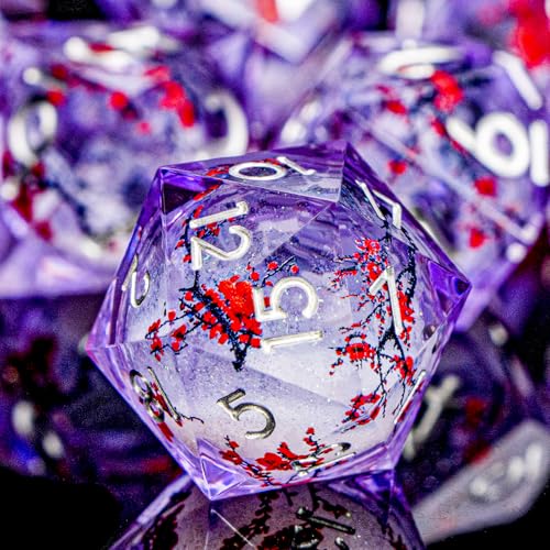 Plum Blossom DND Dice Purple Liquid Core Dice Set with Metal Box, Handmade Sharp Edge Dice D and D Polyhedral Dice for use with D&D RPG Role Playing Game - color: Qs-09