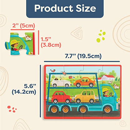 B. toys Wooden Puzzle Set, Pack o' Puzzles Trucks, 4 x 12 Pieces, Wood Toys | 4 truck-themed wooden with storage box, color-coded backs, easy-hold pieces, 48 puzzle pieces, Trucks, Wood Toys, 3+ Years - style: Trucks