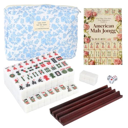 Travel American Mahjong Tile Set, 166 PCS 0.8 Inch Mini Mahjong Game Tiles, 4 Wooden Racks, Floral Storage Bag, 3 Dice & Beginner's Guide, Complete Portable Set - color: White
