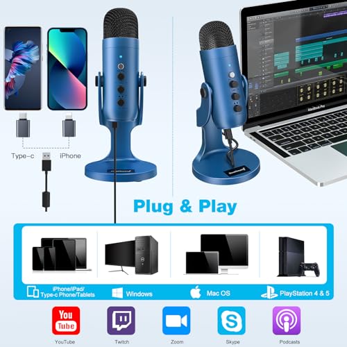 ZealSound Podcast Microphone for PC, Noise Cancellation USB Mic with Gain, Volume Adjustment & Mute Button, Monitoring & Echo, for YouTube, TikTok, Podcasting, Streaming, iPhone, iPad, Android(Blue) - color: Blue