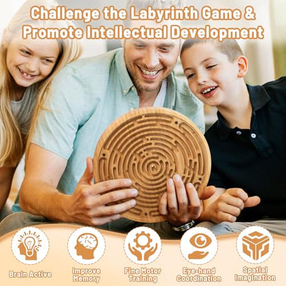 Wooden Labyrinth Board Game with Two Versions of Upgraded Circular Marble Maze with Two-Sided Design, 2-in-1 Puzzle Maze with Two Metal Balls, Brain Teaser Game for Children, Teenagers, and Adult - color: 2 in 1