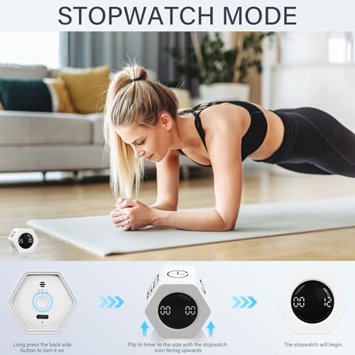 Rotating Pomodoro Timer 5, 25, 10 30,60 Mins Preset Stopwatch, Desk Flip ProductivityTimer, ADHD Tool Hexagon, Vibration/Mute/Alarm, for Work, Study, Back to School, Kitchen, White - color: White