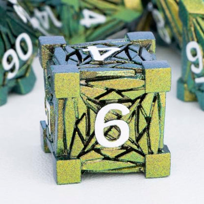 7PCS Metal DND Dice Set with Box, Debris RPG Green Yellow D and D Dice for use with D&D Tabletop Games Role Playing Game Polyhedral Dice Set D20 D12 D10 D8 D6 D4 - color: Green Yellow White