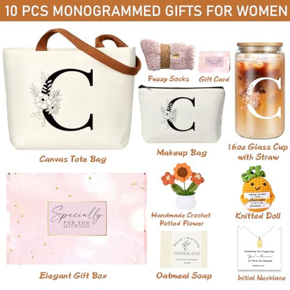 DHQH Birthday Gifts for Women, Monogrammed Gifts Box Included 16 oz Initial Glass Drinking Cup,Canvas Tote Bag, Personalized Iced Coffee Tumbler Gift for Women Her Mom Teacher Friends Sister, C - color: letter-cup-c