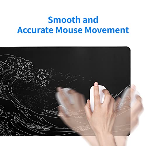Brecoy Japanese Sea Wave Large Mouse Pad, Anime Black Gaming, Extended Kanagawa Mat Desk Pad, 3mm Thick Long Non-Slip Rubber Base Mice Pad, 31.5 X 11.8 Inch - color: Black Wave of Kanagawa