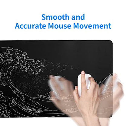 Brecoy Japanese Sea Wave Large Mouse Pad, Anime Black Gaming, Extended Kanagawa Mat Desk Pad, 3mm Thick Long Non-Slip Rubber Base Mice Pad, 31.5 X 11.8 Inch - color: Black Wave of Kanagawa