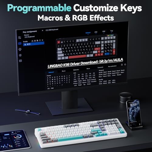 LINGBAO K98 - 96% Mechanical Keyboard Wireless,10000mAh Battery,Wireless Gaming Keyboard BT5.0/2.4G/USB-C, Gasket Hot Swappable,RGB Backlit, Creamy Sounding Keyboards with Number Pad for Win/Mac/PC - color: K98 | 10000mAh | White Blue Grey
