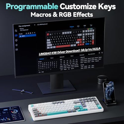 LINGBAO K98 - 96% Mechanical Keyboard Wireless,10000mAh Battery,Wireless Gaming Keyboard BT5.0/2.4G/USB-C, Gasket Hot Swappable,RGB Backlit, Creamy Sounding Keyboards with Number Pad for Win/Mac/PC - color: K98 | 10000mAh | White Blue Grey