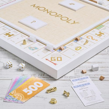 WS Game Company Monopoly Bianco Edition, White Wood Board, Gold-Tone Tokens, Grasscloth-Textured Center, Solid Wood Houses & Hotels, Premium Accessories, Board Games for 2-6 Players