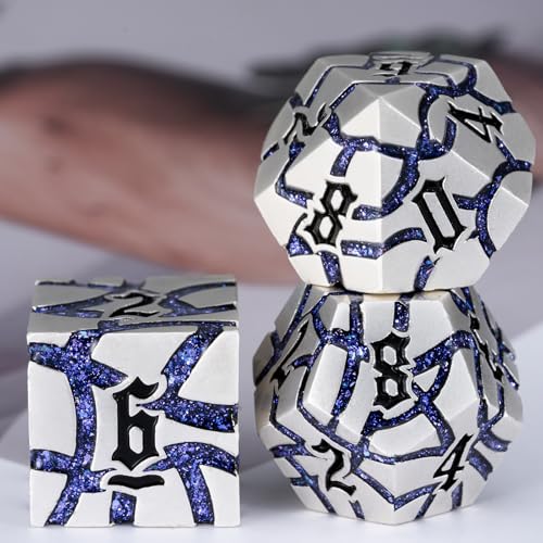 Cracked Rune Metal Dice Set for DND & RPG – Dark Fantasy Fractured Design, Premium Heavy Metal Polyhedral Dice with Deep Engraved Numbers, 7-Piece Set – Purple Arcane Vein - color: Pearl Silver Purple
