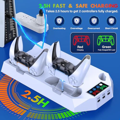 PS5/Slim/Pro Cooling Station with Controller Charging Station for PlayStation 5 Slim/Pro Console, PS5 Cooling Stand Cooler Accessories Incl Cooling Fan, 3 USB Hubs, Headset Holder, Screw - White - color: White