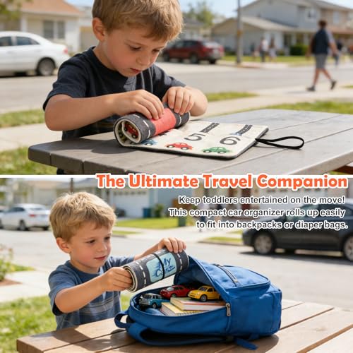 Portable Toy Car Storage Roll and Playmat - Travel Car Carrier Organizer Case for 6 Small Cars - Compatible with Hot Wheels & Matchbox, Toddler Quiet Play Activity Mat for Airplane