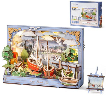 3D Wooden Puzzles for Adults - DIY Model Building Kits Ship Crafts with LED Light - Home Decor, Wall Art & Unique Creative Gifts for Art Lovers (Red Sailboat) - style: Red Sailboat