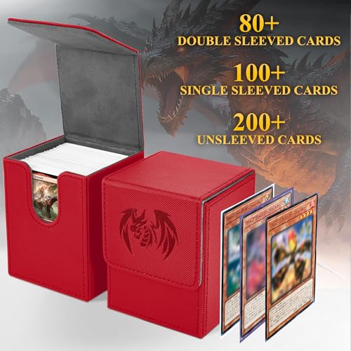 UAONO Card Deck Box for Yugioh MTG Cards, 100+ Deck Case with 2 Dividers Fits TCG CCG, PU Leather Card Storage Box Compatible with Collectible Trading Cards (Red, Sky Dragon) - color: A1-Red