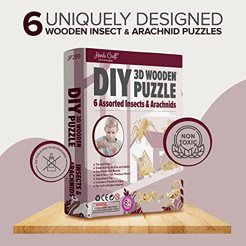 Hands Craft DIY 3D Wooden Puzzle – 6 Assorted Insects & Arachnids Bundle Pack Brain Teaser Puzzles Educational STEM Toy Adults and Kids to Build Safe and Non-Toxic Easy Punch Out Premium Wood JP2B9 - color: Insects & Arachnids