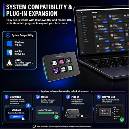 Mini Stream Controller Deck, Gaming Streaming Macro Pad Keypad, Shortcut Keyboard with 6 Programmable LCD Keys, Customizable Icons & RGB Light, USB Soundboard for Video Editing, OBS, PC, Mac - color: Black
