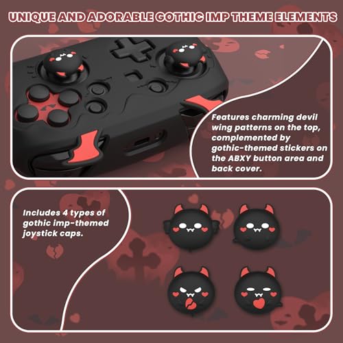 PlayVital Gothic Imp Series Cute Silicone Case for Nintendo Switch Pro Controller with 4 Thumb Grip & 2 Sticker, Non-Slip Anti-Scratch Protective Silicone Skin Cover - Black - color: Black