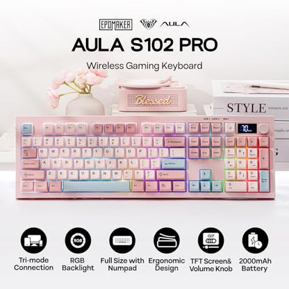 EPOMAKER Aula S102 PRO Membrane Gaming Keyboard w/TFT Screen & Volume Knob | Silent Keyboard w/ Number Pad for PC Game/Office, BT/2.4G/USB, RGB Backlit, Creamy Silicone Structure (Pink) - color: Pink