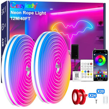Cozylady 12M(2 Roll 6M) RGB Neon Lights LED Rope Light,40ft Waterproof Bluetooth APP Remote Control Music Sync Strip Light,24V Flexible DIY Silicone Light for Bedroom Home Indoor Outdoor Decor(40ft) - size: 40 ft