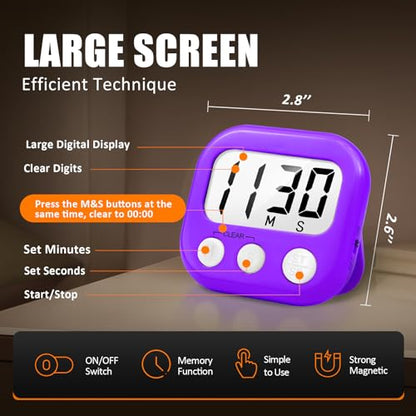 2 Pack Digital Kitchen Timer for Cooking Big Digits Loud Alarm Magnetic Backing Stand Cooking Timers for Baking Purple - color: Purple