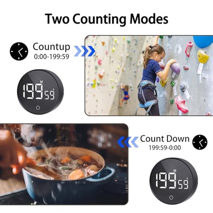 Digital Kitchen Timers, Magnetic Rotary Timer with Large LED Display, 3 Volume Levels, 0-199Min Countdown/Up, Easy Operation for Cooking, Studying, Fitness, Kids & Seniors - color: Black