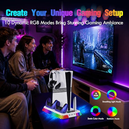 Cooling Station for PS5 Slim Pro,Vertical Stand with Adjustable Fan Charger | Gift for PS5 Long Gaming,3 Level Quiet Fan,Two Controller Charging,10 Colors Dynamic Mode,Headset Hook,USB Hub,Anti-Slip Base - color: White