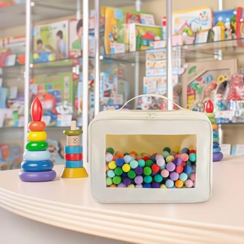 Abbylike 8 Pack Toys Storage Bags with Handle and Clear PVC Window, Classic Bricks Building Set Organization Bags, Car Toy Traveling Carrying Case for Puzzles Board Games Building Blocks(Beige) - color: Beige