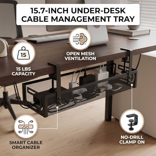 AUNMAS Under Desk Cable Management Tray Cord Organizer with Clamp for Home Office Standing Desk No Tools Needed Adjustable Mount Carbon Steel Mesh (L Black)