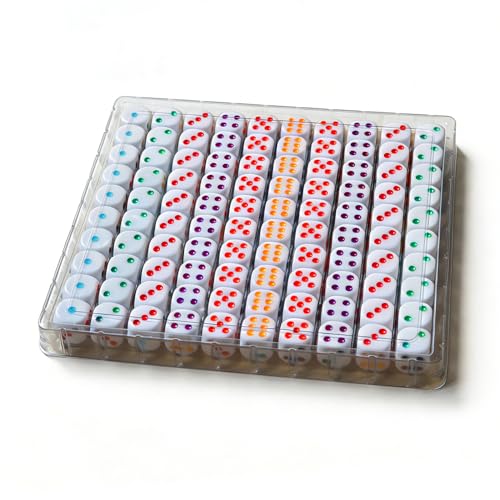 100 Pack 16mm Colored Dot Game Dice Set with 10-Grid Storage Box | Standard 16mm Gaming Dice, Divided Plastic Storage Case, Great for Board Games, Math Learning and Party Use