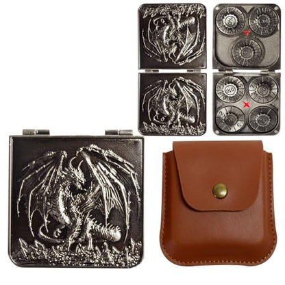 Metal DND Dice Set 7-in-1 D4-D20 3D Dragon Case Leather Bag Silver | 7 in 1 metal polyhedral dice. D4-D20 dnd spinner. 3D dragon case. Leather storage bag. Zinc alloy. DND RPG TTRPG gift. - color: Silver