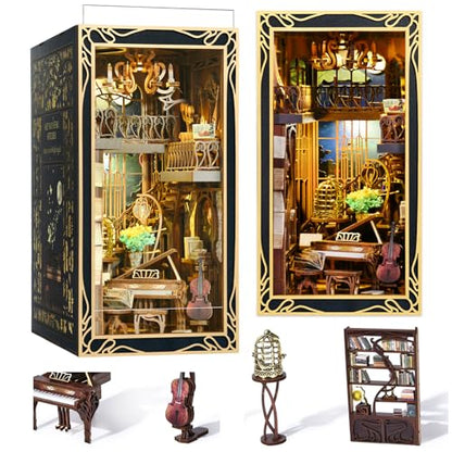 MiniCity Pianist and Nightingale Book Nook Kit, Wooden 3D Puzzle with LED | Create a moonlit piano room for display; LED, dust cover, glue/tools and guide included; 300 pieces, 6-8 hr build, ages 14+. - style: Pianist with Nightingale