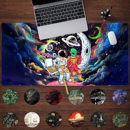 Funny Space Mouse Pad Desk Mat Astronaut Alien Large Gaming Mouse Pads Anime Desk Pad Mousepad XXL Cool Trippy Universe Extended Keyboard Mat with Stitched Edges Anti-Slip, 31.5 X 15.8 in - color: Blue Nebula