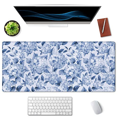 SSOIU Blue Hydrangea Flowers Desk Mat, Floral Large Aesthetic Mouse Pad 35.5" X 15.7", Waterproof Desk Mat Stitched Edges, Non-Slip Laptop Computer Keyboard Mousepad for Office and Home - color: Blue Hydrangea Flowers