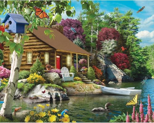 Bits and Pieces – 100 Piece Jigsaw Puzzle for Adults – Cabin on The Lake - Large Lettered Pieces Colorful Scenic Jigsaw Puzzle, Completed Puzzle Size: 15" x 19" - size: 100 Piece Puzzle