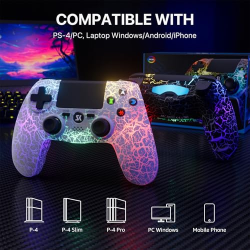 ISHAKO Controller for PS4, Wireless for Playstation 4/PS3/PC/iOS/Android, Wireless PC Game Controller with RGB Lights, Dual Vibration, 6-Axis Gyro, 1000mAh Battery - White Controller