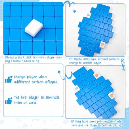 Blue Pink 2 Players Mahjong Block Set, Mahjong Tile Game with 50 Tiles with 12 Different Patterns, Animal and Food Pattern, Portable Mahjongg Set with A Carry Bag（Includes Instruction Manual） - color: Blue
