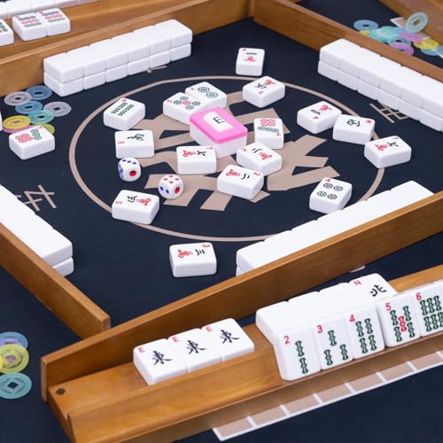 1 American Mahjong Set,Complete Game Kit, 166 Tiles Mahjong Tile Set with Wooden Pushers Racks, Carrying Bag, Mahjong Mat, Score Cards, Chips, Dice & Accessories Mahjong Set