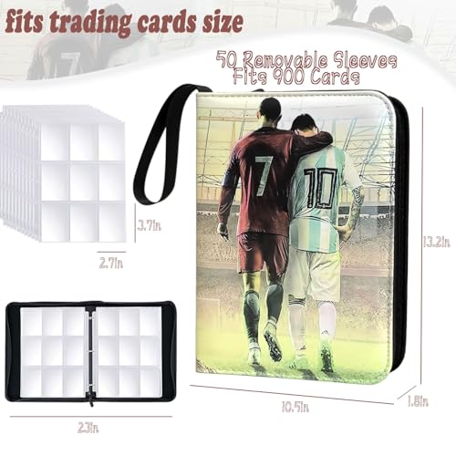 Soccer Card Binder - 900 Capacity 9-Pocket Trading Card Album, 3 Ring Card Holder Binder, Waterproof PU Leather, Zip Closure, Perfect Christmas Birthday Gift for Kids & Collectors - size: 900 Pockets Soccer