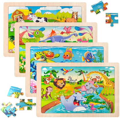 4 Pack Wooden Animal Jigsaw Puzzles for Kids Ages 2-4 Toddler Puzzles Gift | Sensory Toys, Preschool Educational Toys, Toddler Puzzles Gift for 3 4 5 Year Old Boys Girls - color: Animal
