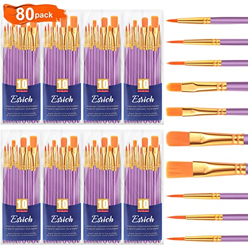 ESRICH Acrylic Paint Brushes Set, 8 Packs 80 Pcs, Nylon Brush Head | Acrylic Oil Watercolor, Face Nail Art, Miniature Detailing, Rock Painting, Painting Artist Professional Kits(Purple) - color: Purple, size: 80