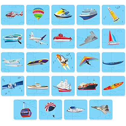 48 Vehicle Matching Puzzles with Error-Correction Mechanism Pre-Primer in 2 Pieces, Perfect for Preschool Learning (24 Blocks Double Sided) - style: Vehicle-A