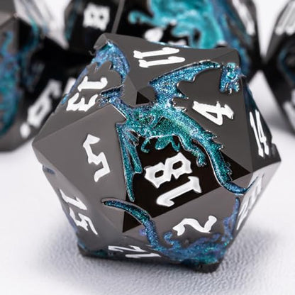 Sharp Edge DND Dragon Dice Set,Metal Polyhedral Dice with Dragon for Dungeons and Dragons RPG TTRPG D&D 7-Die Set with Gift Case - color: Dragon-pearl Gun Glitter Light Blue