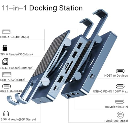 360° Rotating USB C Docking Station for iPad Pro, Tablet, Samsung, Steam Deck, ROG Ally, Legion Go, Msi Claw, etc, 11-in-1 with SD TF 4.0 Reader, 4K@60Hz HDMI, RJ45, Audio, USB A, USB C - style: Without Charger