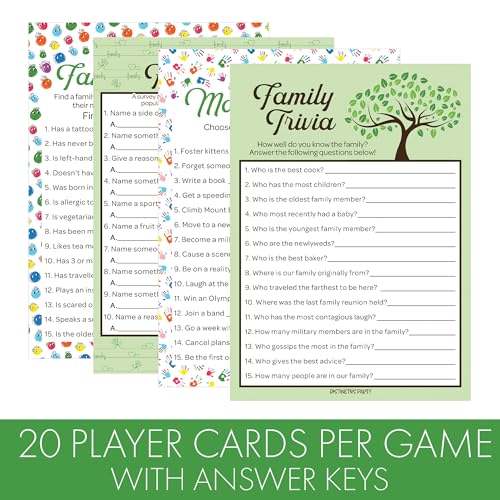 Family Reunion Games Set, 4 Interactive Group Activities, 20 Guests | Family Trivia, Most Likely To, Family Feud & Find the Family Member, 5x7 in Cards