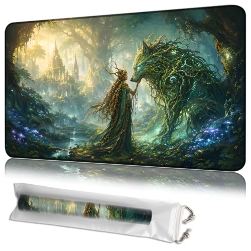 MTG Playmat with Storage Bag, Forest Mystic Wolf, 24 x 14 Inch Stitched Non Slip Rubber Trading Card Game Mat, 2mm Thick Tabletop Mat for Card Games - color: Forest Mystic Wolf, size: 24L x 14W inches