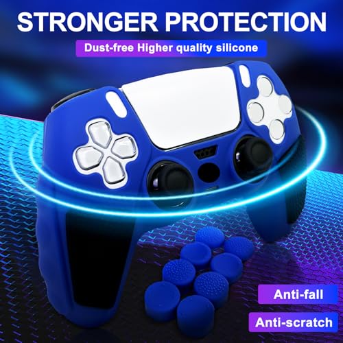 Anti-Slip Blue PS5 Controller Skin,Soft Thicken Studded Protective Silicone Cover Skin Grips Compatible with PS5/Slim/Pro Controller and 8 PCS Thumb Grips Caps. - color: Blue&Black