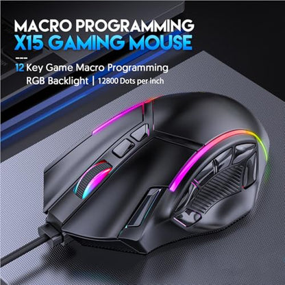 ciciglow RGB Gaming Mouse, 12 Programmable Buttons Wired Mouse 12800DPI Ergonomic Design with 13 Light Effects, for PC Laptop Computer