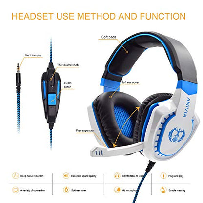 Stereo Gaming Headset for PC, Surround Sound Noise Isolation Wired Over Ear Headphones with Mic, Deep Bass, Soft Memory Earmuffs for Laptop Desktop Computer (White Blue)