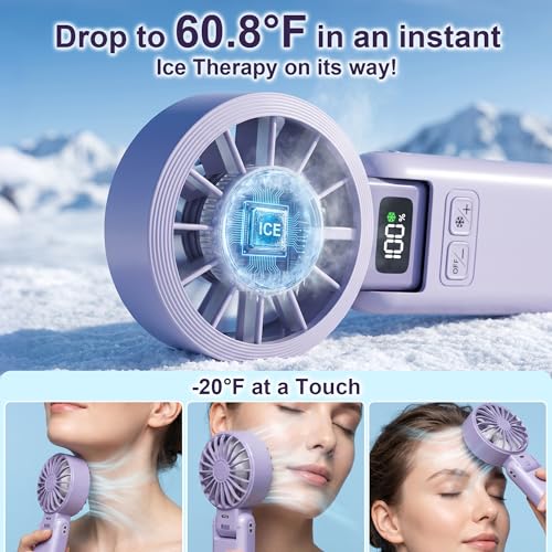 Portable Handheld Fan with Ice Cooling, 5.5m/s Rechargeable Fan, Independent Switch, 5-Speed, LED Display, 12H Battery, Foldable Neck Personal for Travel Essentials, Concerts, Sports - Purple - color: Purple