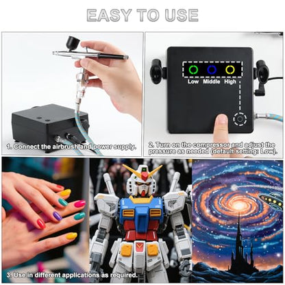 Roizefar Airbrush Kit with Compressor, 55 PSI Gun with Cleaners & Nozzles | 4x3.38 fl oz Cleaner, 0.2/0.3/0.5mm Nozzles, Cleaning Brush, Non-Clogging, for Painting, Modeling, Nail Art, Makeup, DIY